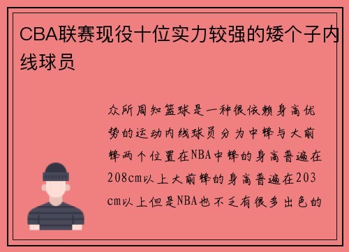 CBA联赛现役十位实力较强的矮个子内线球员