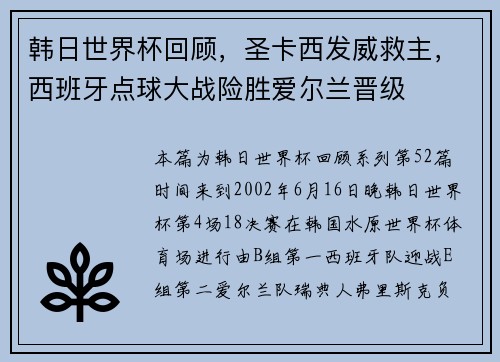 韩日世界杯回顾，圣卡西发威救主，西班牙点球大战险胜爱尔兰晋级
